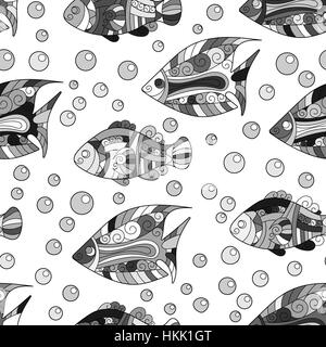 Zentangle stilizzata conchiglia di mare seamless pattern. Disegnato a mano doodle acquatici illustrazione vettoriale. Vita nell'oceano. I serbatoi, stelle marine e pesci, cavallo. Brillanti colori caldi su sfondo vinica. Illustrazione Vettoriale