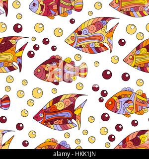Zentangle stilizzata conchiglia di mare seamless pattern. Disegnato a mano doodle acquatici illustrazione vettoriale. Vita nell'oceano. I serbatoi, stelle marine e pesci, cavallo. Brillanti colori caldi su sfondo vinica. Illustrazione Vettoriale