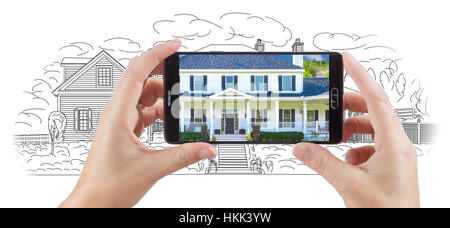 Mani Smart Phone Visualizzazione Custom Home Foto del disegno dietro. Foto Stock