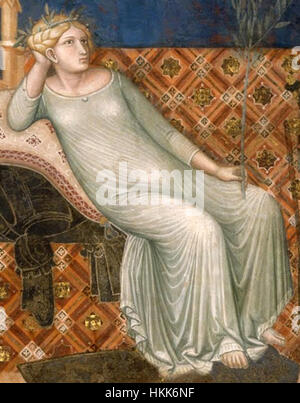 *Allegoria del buon governo* di *Ambrogio Lorenzetti* è una rappresentazione dettagliata delle virtù e dei benefici di un governo giusto. Questa immagine ritagliata si concentra sulle figure che simboleggiano la pace e la prosperità sotto il saggio dominio. Foto Stock