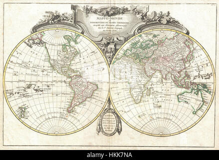 Una mappa del 1775 di Lattre e Janvier che mostra il mondo su una proiezione emisferica. Offre una visione storica della geografia del mondo, mostrando regioni e continenti come erano compresi nel XVIII secolo. Foto Stock