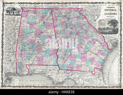 La Johnson Map del 1862 della Georgia e dell'Alabama è una mappa storica che descrive le regioni durante l'era della guerra civile. Questa mappa fornisce preziose informazioni geografiche nel sud degli Stati Uniti, illustrando le posizioni e le infrastrutture chiave durante un periodo critico della storia americana. Foto Stock