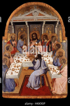 Un dettaglio tratto da "l'ultima cena" di Agnolo Gaddi mette in evidenza l'intensità emotiva del pasto finale di Cristo con i suoi discepoli, catturando il momento di profondo significato nella storia e nell'arte cristiana. Foto Stock