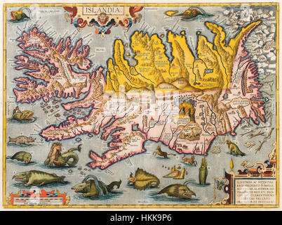 La mappa dell'Islanda di Abraham Ortelius, creata intorno al 1590, riflette la prima esplorazione cartografica dell'isola. La mappa evidenzia le caratteristiche geografiche, come montagne e fiumi, e fornisce una vista storica del paesaggio islandese. Foto Stock