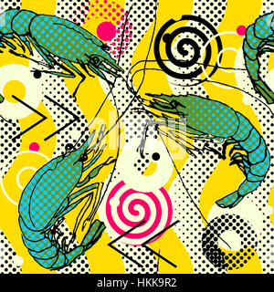 Gamberetti grigi. Modello senza giunture dello sfondo. Gamberetti grigi disegnati a mano disegno geometrico motivo onde. Illustrazione disegnata, schizzo, doodle Foto Stock