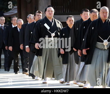 Tokyo, Giappone. 27 gennaio, 2017. Recentemente promosso Sumo grand champion "yokozuna' Kisenosato (C) arriva al Tempio di Meiji con sumo dirigenti di associazione a Tokyo. Il 30-anno-vecchio lottatore di sumo inaugurato al sumo del più alto rango di yokozuna, il primo giapponese yokozuna nativo dal 1998. Credito: Yoshio Tsunoda/AFLO/Alamy Live News Foto Stock