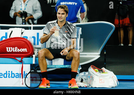 Melbourne, Australia. 30 Gennaio 2017: Roger Federer fa il suo diciottesimo titolo nel Grande Slam al 2017 Open di Australia a Melbourne Park a Melbourne, Australia. Credito: Frank Molter/Alamy Live News Foto Stock