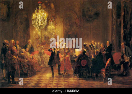 Un dettagliato dipinto del XIX secolo di Adolph von Menzel, raffigurante Federico il grande che suona il flauto al Palazzo Sanssouci, che mostra l'ambiente culturale della corte prussiana. Foto Stock