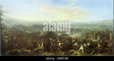 Il dipinto raffigura la battaglia di Nordlingen, un conflitto significativo durante la guerra dei trent'anni, che mostra l'intensità e il caos del campo di battaglia. La scena cattura i soldati in combattimento, con azione drammatica e dettagli storici, mettendo in evidenza la brutalità e le dimensioni della guerra. L'opera d'arte è una rappresentazione vitale della storia militare europea. Foto Stock