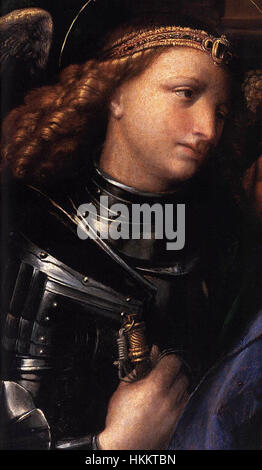 Il dipinto di benvenuto Tisi da Garofalo "Vergine e bambino con santi" cattura temi religiosi attraverso dettagli raffinati. L'opera enfatizza i colori vivaci e le figure intricate, tipiche dell'arte rinascimentale italiana del XVI secolo. Foto Stock