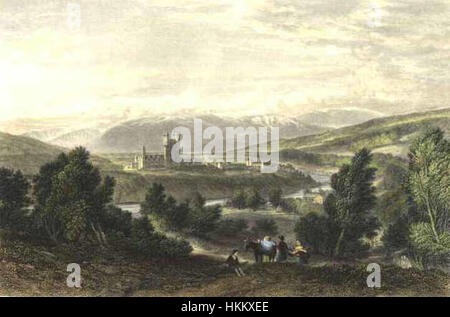 Un'illustrazione di Balmoral Castle, disegnata da W. Leitch e incisa da J. Godfrey nel 1875. La stampa mostra la grandiosa architettura e i dintorni panoramici di questo iconico castello scozzese, che è stata una residenza reale fin dal XIX secolo. Foto Stock