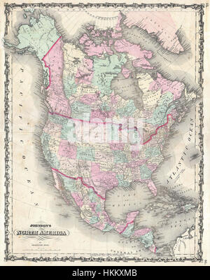 Una mappa del 1862 del Nord America di Johnson, che fornisce dettagli geografici e confini politici del continente durante il XIX secolo. Foto Stock