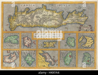Questa mappa del 1584 di Abramo Ortelio mostra l'isola di Creta (Candia) insieme ad altre dieci isole greche. Opera cartografica storica chiave, fornisce una visione dettagliata della regione durante il tardo Rinascimento, evidenziando le caratteristiche geografiche delle isole nel Mediterraneo. Foto Stock