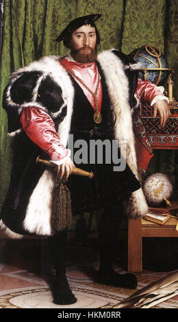 Il dipinto "gli ambasciatori" di Hans Holbein il giovane raffigura due figure di spicco del XVI secolo, Jean de Dinteville e Georges de Selve. L'opera è nota per i suoi intricati dettagli e l'uso del simbolismo, tra cui un cranio distorto in primo piano, che rappresenta il memento mori. Rimane una delle opere più celebri di Holbein, mettendo in evidenza l'abilità dell'artista nel ritrattismo e nel simbolismo. Foto Stock