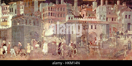 Un affresco di Ambrogio Lorenzetti, *Allegoria del buon governo*, raffigurante gli effetti del giusto governo sulla società. Il dipinto illustra armonia, prosperità e pace, un'opera chiave dell'arte rinascimentale italiana. Foto Stock