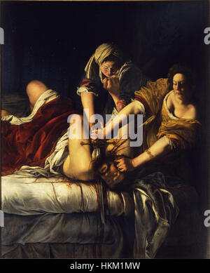 Questa opera di Artemisia Gentileschi, intitolata *Judith Beheading Holofernes*, è una potente rappresentazione della scena biblica in cui Giuditta decapita il generale assiro Holofernes. Il dipinto è celebrato per il suo uso drammatico della luce e per l'intensa emozione trasmessa attraverso le figure, incarnando la maestria dei Gentileschi nel realismo barocco. Foto Stock