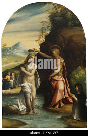 Questo dipinto del XVI secolo di benvenuto Tisi da Garofalo raffigura il Battesimo di Cristo, un evento significativo nella teologia cristiana. La tempera su tavola è stata creata tra il 1520-1530 e riflette lo stile artistico rinascimentale. Foto Stock