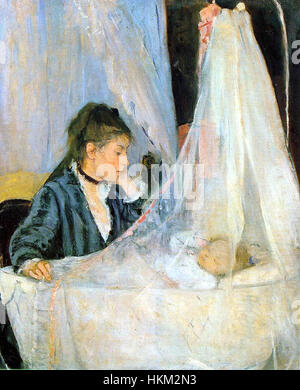 Il dipinto di Berthe Morisot "le berceau" (la culla), dipinto nel 1872, cattura un tenero momento di maternità. L'opera d'arte ritrae una donna che guarda il suo bambino addormentato in una culla, riflettendo la sensibile rappresentazione di Morisot di momenti intimi familiari. Foto Stock