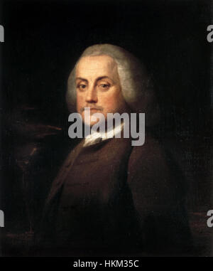 Questo dipinto ad olio del 1759 raffigura Benjamin Franklin, uno dei padri fondatori dell'America. Il ritratto riflette l'abilità intellettuale di Franklin e il suo status di statista, inventore e scienziato. L'artista cattura l'espressione e l'abbigliamento di Franklin tipici del XVIII secolo. Foto Stock