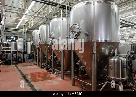 Più in acciaio inox birra commerciale serbatoi usati per la fermentazione della birra a stazione City Brewing Co. di san Tommaso, Ontario, Canada. Foto Stock