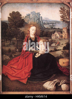 Un dipinto del XVI secolo di un artista sconosciuto, che raffigura la scena biblica "riposa sulla fuga in Egitto". L'opera riflette lo stile artistico del periodo e la sua enfasi sui temi religiosi. Foto Stock