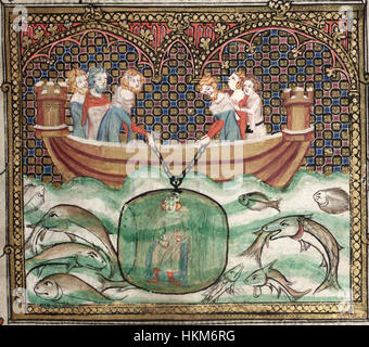 Questa opera d'arte, intitolata "Alejandro Magno en submarino", ritrae Alessandro Magno in un sottomarino, un concetto fantasioso che mescola figure storiche con elementi moderni. Il pezzo riflette la creatività artistica nel fondere la storia classica con i temi contemporanei. Foto Stock