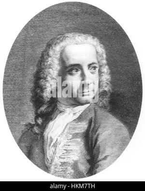 Questo ritratto di Antonio Visentini raffigura Giovanni Antonio Canal, noto anche come Canaletto, un rinomato artista veneziano famoso per i suoi paesaggi urbani. Il lavoro mostra lo stile classico del ritratto del XVIII secolo, catturando l'immagine di Canaletto nei minimi dettagli. Foto Stock