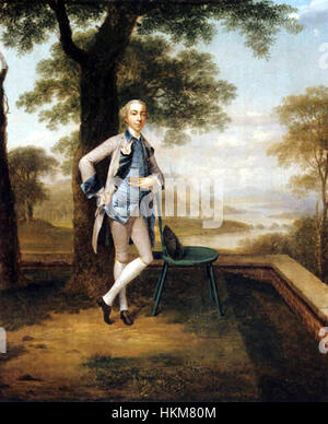 Questa opera d'arte di Arthur Devis cattura un ritratto del XVIII secolo, mostrando l'abilità dell'artista nel realizzare figure e vestiti. Il ritratto si concentra sull'abbigliamento dettagliato e sull'espressione della sitter, caratteristica dello stile di Devis. Foto Stock