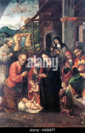 *Natività* di Bernardino Fasolo è una classica rappresentazione della nascita di Cristo, che mostra la scena pacifica e sacra in modo tenero ma drammatico. Il dipinto riflette la rappresentazione dettagliata dell'artista di figure religiose e luce divina, caratteristica dell'arte religiosa del XVI secolo. Foto Stock