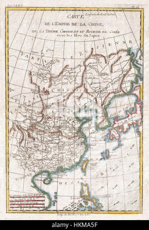 Questa mappa del 1780 di Raynal e Bonne raffigura in dettaglio Cina, Corea e Giappone. La mappa è un importante artefatto storico, che fornisce una visione della comprensione geografica di queste regioni nel XVIII secolo. Mette in evidenza i confini politici e le caratteristiche geografiche così come erano stati compresi durante quel periodo. Foto Stock
