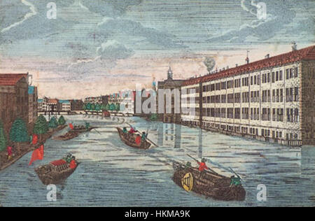 Questa opera d'arte offre una vista mozzafiato di Amsterdam, catturando gli intricati canali, l'architettura e la vivace vita urbana della città. Il pezzo mostra il fascino della pittura olandese del paesaggio urbano del primo periodo moderno. Foto Stock