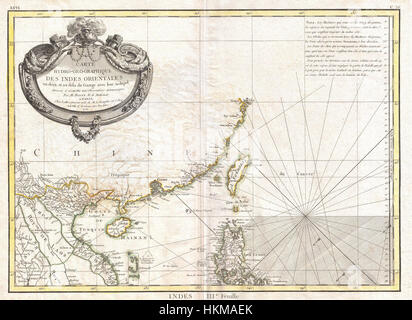 Questa mappa di Bonne del 1771 illustra la geografia del sud-est asiatico, concentrandosi su regioni come il Tonchino (Vietnam), Formosa (Taiwan) e Luzon (Filippine). La mappa offre una prospettiva storica sulla cartografia della regione durante il XVIII secolo. Foto Stock