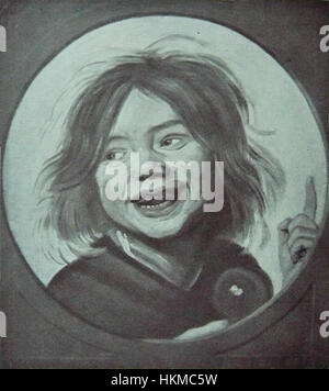 Questa opera d'arte è un'interpretazione del famoso dipinto di Frans Hals, con un ragazzo che ride che tiene una bolla e punta verso l'alto. Il pezzo cattura l'espressione gioiosa e la composizione dinamica caratteristica dello stile ritratto di Hals. Foto Stock