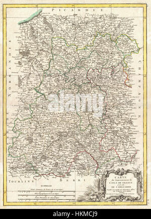 Questa mappa del 1771 di Bonne illustra la regione dell'Isola di Francia vicino a Parigi. Fornisce una prospettiva storica della geografia della regione durante il XVIII secolo, evidenziando posizioni e confini chiave. Foto Stock