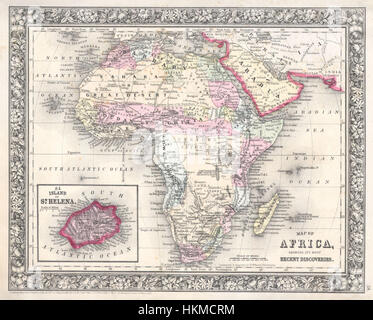 Questa Mappa Mitchell dell'Africa del 1864 è una rappresentazione geografica storica che mostra le caratteristiche politiche e naturali del continente durante la metà del XIX secolo. La mappa offre preziose informazioni sulla geografia africana prima che l'influenza coloniale rimodellasse il paesaggio. Foto Stock