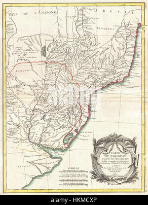 Questa mappa del 1771 di Bonne illustra la disposizione geografica del Paraguay, dell'Uruguay e del Brasile, mostrando le caratteristiche politiche e naturali della regione durante il XVIII secolo. È un importante riferimento storico. Foto Stock