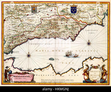 La mappa "Atlas Van der Hagen" illustra le regioni storiche di Granada e Murcia in Spagna, mostrando i confini geografici e le caratteristiche topografiche durante il primo periodo moderno. Foto Stock