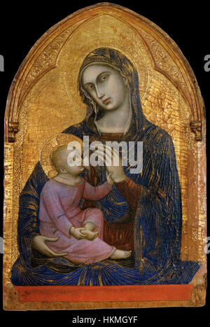 Questo dipinto trecentesco di Barnaba da Modena raffigura la Vergine con il bambino, che mostra l'uso caratteristico del colore e del simbolismo religioso dell'artista. Esemplifica l'arte religiosa del primo Rinascimento italiano con un focus sulla grazia divina e l'affetto umano. Foto Stock