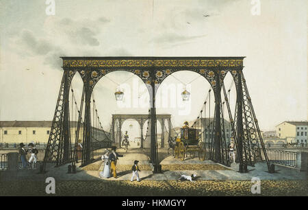 Questo dipinto di Beggrov K illustra il Ponte Panteleimonovsky che attraversa il fiume Fontanka a San Pietroburgo, Russia. Il ponte, una caratteristica architettonica chiave della città, è raffigurato nello stile distintivo dell'artista. Foto Stock