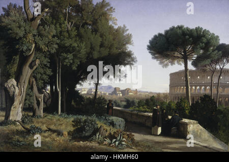 Questo dipinto raffigura la vista del Colosseo di Roma visto dal Colle Palatino. La grandiosa architettura del Colosseo contrasta con il tranquillo paesaggio circostante, fornendo una prospettiva storica e artistica sull'antica vita romana. Foto Stock