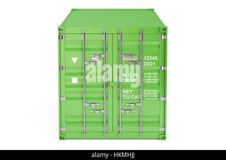 Green cargo contenitore, vista frontale. 3D rendering isolati su sfondo bianco Foto Stock