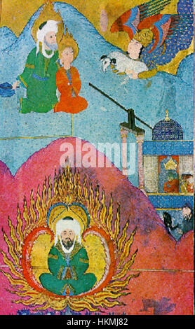 Questa opera raffigura due scene della storia biblica di Abramo. La parte superiore illustra la prontezza di Abramo a sacrificare suo figlio Ismaele, mentre la parte inferiore ritrae Abramo gettato nel fuoco da Nimrod, dimostrando momenti chiave nella storia religiosa. Foto Stock