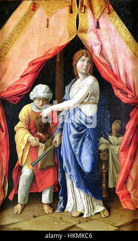 Il dipinto di Giuditta di Andrea Mantegna presenta una scena biblica della decapitazione dell'eroina ebraica Giuditta Holoferne. L'opera dettagliata, caratterizzata dalla padronanza di prospettiva e anatomia di Mantegna, ritrae il momento con intensità drammatica e realismo. Foto Stock