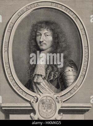 Questo ritratto di Luigi XIV, creato dall'artista Nanteuil nel 1664, cattura la grandezza e l'autorità del re francese durante l'apice del suo regno, simboleggiando il suo potere assoluto e la sua influenza sulla Francia. Foto Stock
