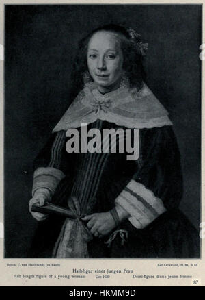 Un ritratto dopo il lavoro di Frans Hals, raffigurante una giovane donna. Questo pezzo, influenzato dallo stile di Hals, mette in mostra l'espressione serena del soggetto e l'abbigliamento intricato, mettendo in risalto la maestria dell'artista nel catturare personalità e dettagli in un contesto storico. Foto Stock