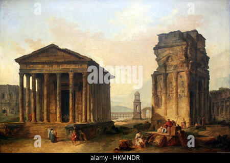 Questo dipinto del 1789 cattura le antiche rovine di Nimes, Orange e Saint-Remy-de-Provence nel sud della Francia. Le opere d'arte sottolineano la bellezza architettonica e il significato storico di questi antichi siti romani. Foto Stock