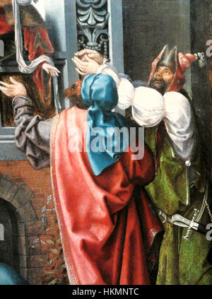 "Ecce Homo" di Cleve è un dipinto religioso incentrato sulla rappresentazione di Cristo prima della sua crocifissione. Questo segmento dettagliato del dipinto evidenzia l'intensa espressione emotiva e gli elementi simbolici. Foto Stock