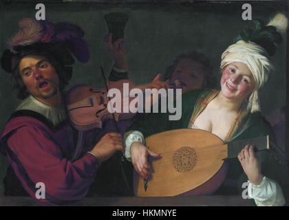 Un buon gruppo dietro una balaustra con un violino e un lettore di liuto, da Gerrit van Honthorst Foto Stock