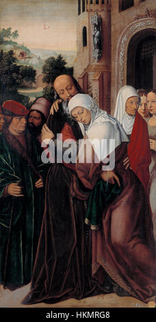"El abrazo de San Joaquin y Santa Ana ante la puerta dorada" di Ambrosius Benson (l'abbraccio di San Gioacchino e Sant'Anna prima della porta d'Oro) è un dipinto ad olio rinascimentale che raffigura un tema religioso con dettagli magistrali, ospitato nel Museo del Prado di Madrid. Foto Stock