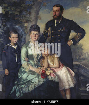 Questo dipinto del 1884 di Carl Rudolph Sohn raffigura Alfred, duca di Edimburgo, e la sua famiglia. Il ritratto cattura l'eleganza e la nobiltà della famiglia reale, mostrando la moda dell'alta società del periodo e i ritratti reali della fine del XIX secolo. Foto Stock